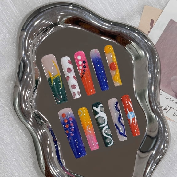 Rainbow Wonderland Long Lasting Press On Nails Long French Tip Colorful Oil Paint Art Unique Quirky Patterns