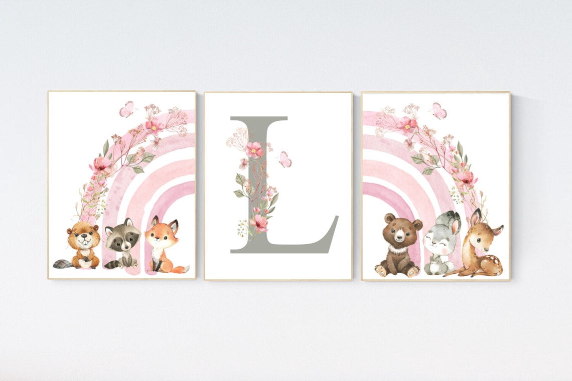 Rainbow Woodland Floral Animals Nursery Wall Art Print, Girl, Nursery ...