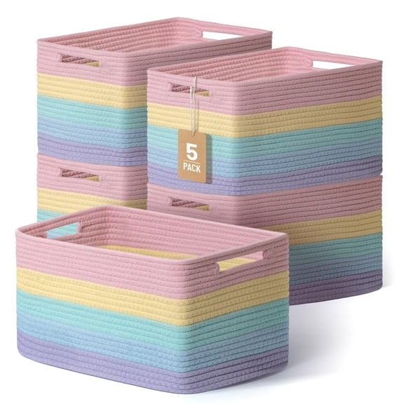 Rainbow Woven Cotton Rope Storage Baskets 5 Pack Shelf Organizers