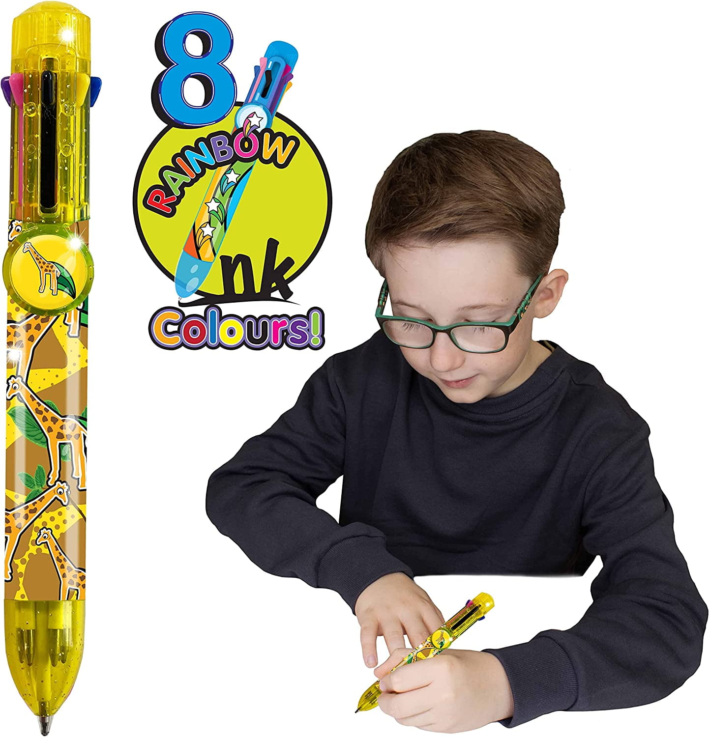 Rainbow Writer - Giraffe Pen from Deluxebase. 8 in 1 Retractable Ballpoint Pen, Fancy Pens for Kids and Ideal Office or School Supplies, Size: 5.5 x