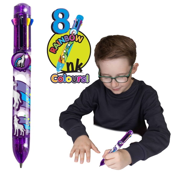 Rainbow Writer - Wolf Pen by Deluxebase. Multicolored, Medium Point, 8-in-1 Retractable Novelty Ballpoint Pen with Cute Animal Design.
