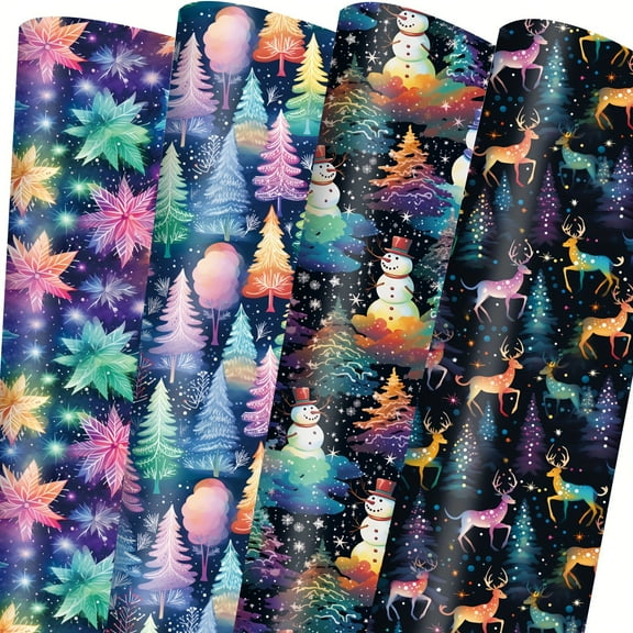Rainbow Xmas Gift Wrap - 8 Sheets 20x28 Inch, 4 Styles: Snowflakes, Trees, Snowman, Reindeer. Vibrant Holiday Designs for Festive Gifts & Decor.