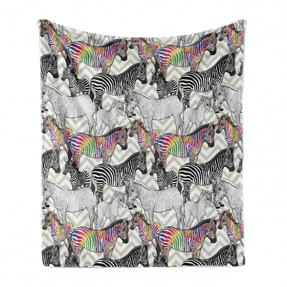 Rainbow Zebra Soft Flannel Fleece Throw Blanket, Abstract Modern Design Print of Funky Animal on Chevrons, Cozy Plush for Indoor and Outdoor Use, 60" x 80", Grey Yellow Multicolor, by Ambesonne