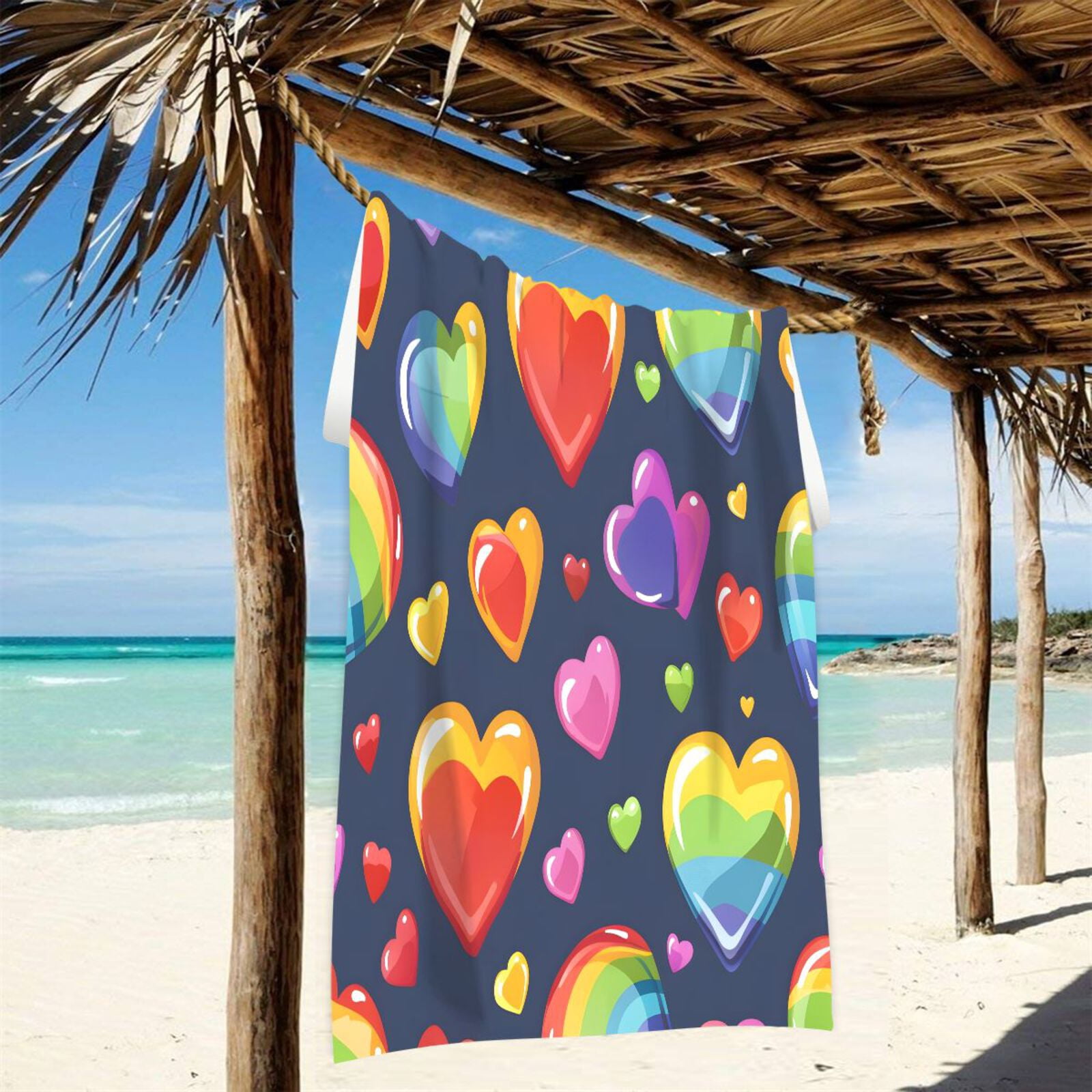 Rainbow and Hearts Beach Towel Oversized Sandproof Absorbent Quick Dry Towels Adult for Travel Vacation Essentials