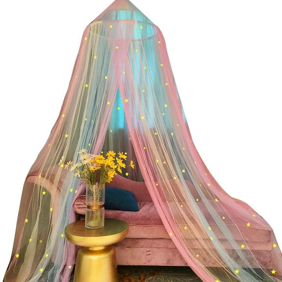 Rainbow bed cover, stars shining in the darkness, suitable for decorating girls' rooms with bed covers (colored mosquito nets with stars)