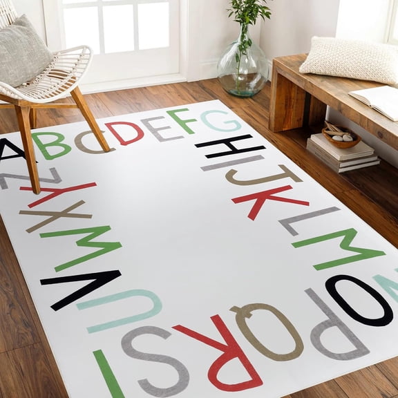 Rainbow circular game carpet - Letter-themed activity area floor mat - Multi-sized soft crawling mat