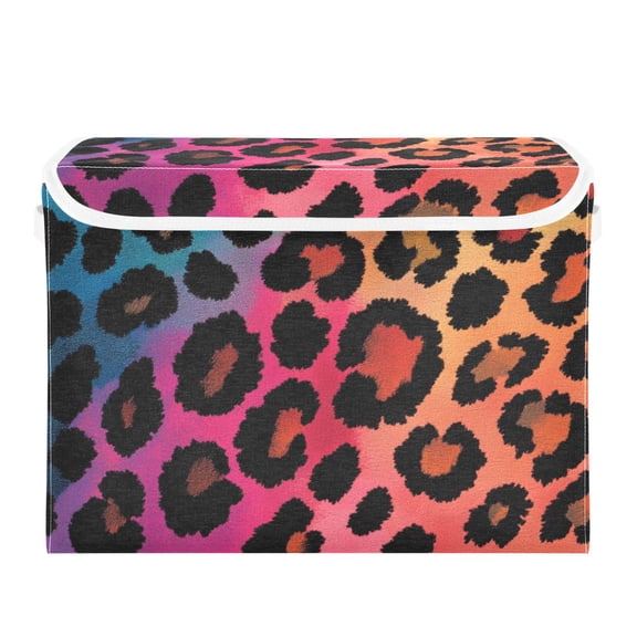 Rainbow-color Leopard Print Foldable Storage Bin with Lid and Handle Collapsible Storage Box 16.5 x 12.6 x 11.8 inches