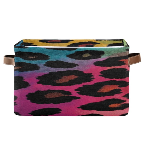 Rainbow-color Leopard Print Square Storage Bins with Handles Collapsible Containing Box 1 Pack