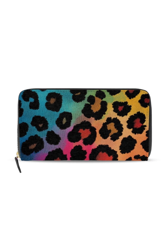 Rainbow-color Leopard Print Women's Long Zipper Wallet Bifold Clutch Purse PU Leather Card Cases