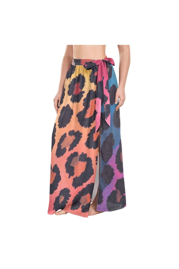 Rainbow-color Leopard Print Women's Swimwear Cover Ups Strappy Beach Dress Sarong Wrap M