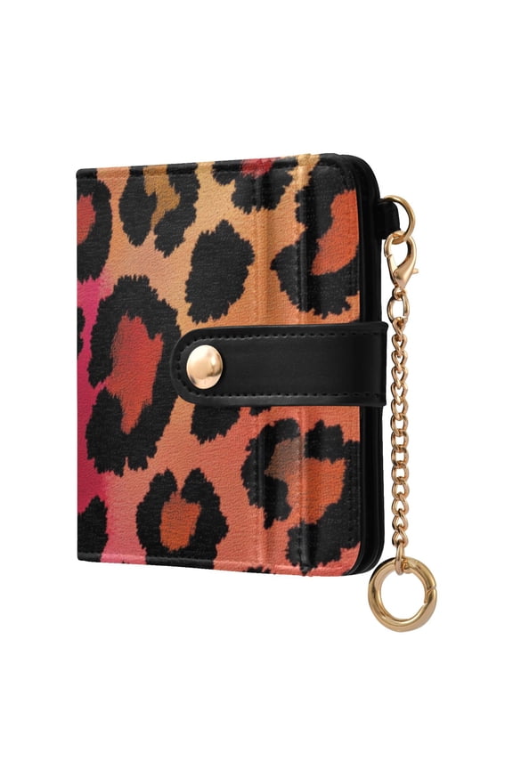 Rainbow-color Leopard Print Women's Wallet PU Leather Card Cases RFID Blocking Purse Billfold with Key Ring