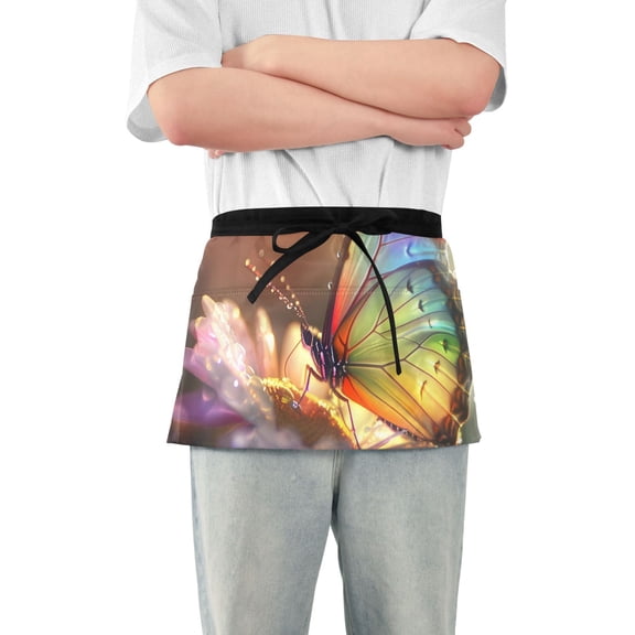 Rainbow-colored Butterfly and Flowers Short Server Apron with 3 Pockets for Unisex Chef Gardening
