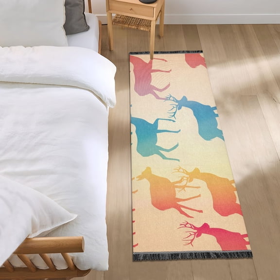Rainbow-colored Deers Bedside Runner Rug 2'x 6' Non Slip Carpet Floor Mat Area Rug