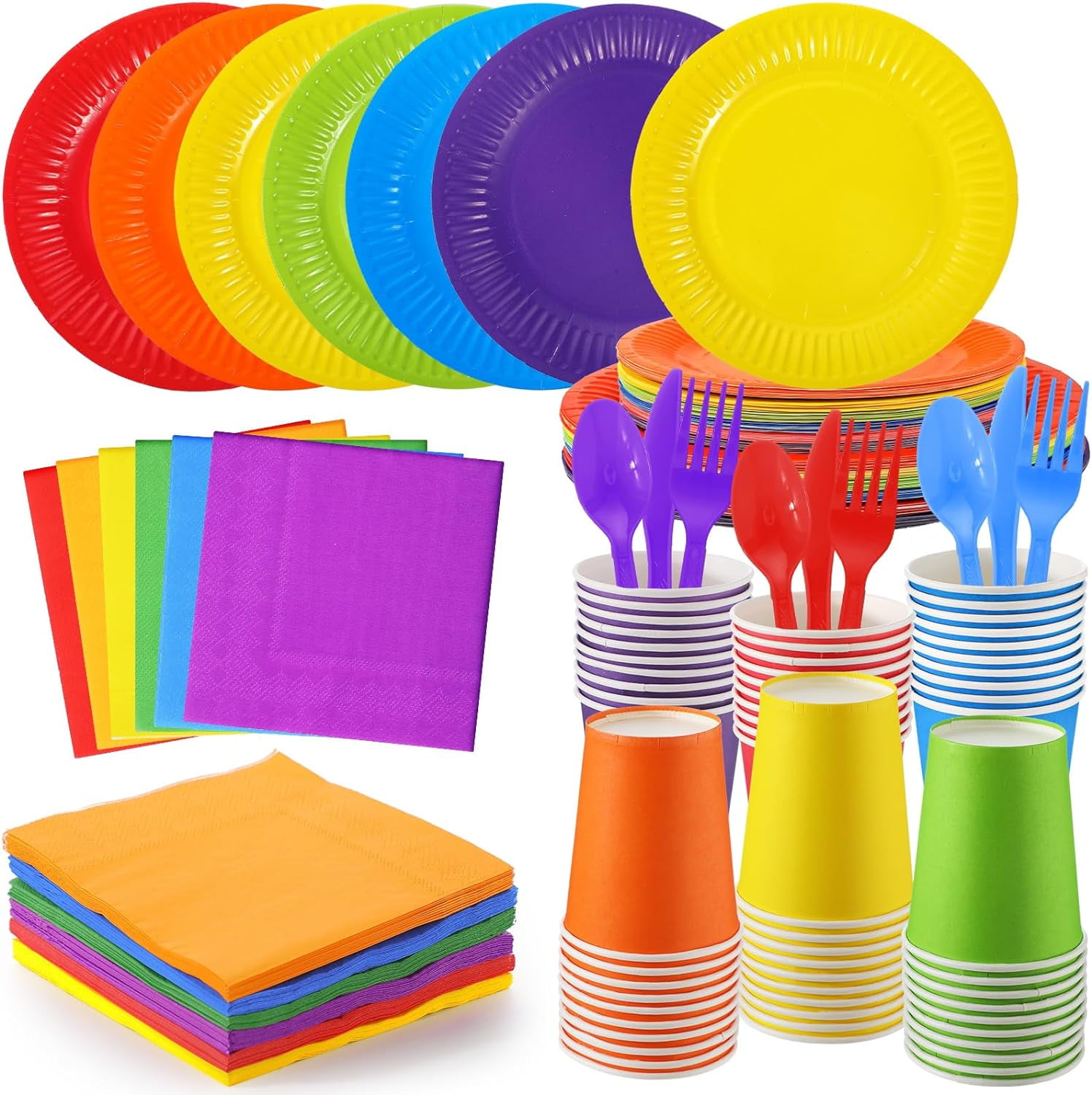 Rainbow - colored Disposable Party Tableware Set (Including Plates, Napkins, Plastic Forks and Spoons, Paper Cups)