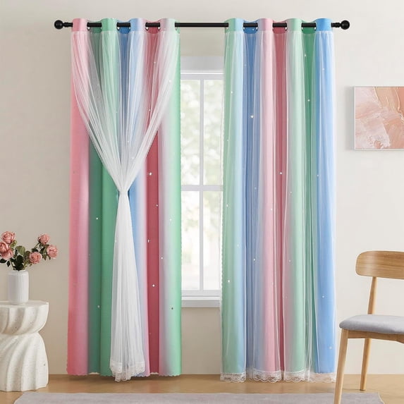 Rainbow-colored curtains Panels Gradient Curtains Draperies For Kids Girls Bedroom Living Room Double Window Curtains Thermal Insulated
