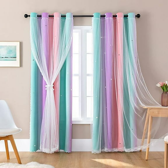 Rainbow-colored curtains Panels Gradient Curtains Draperies For Kids Girls Bedroom Living Room Double Window Curtains Thermal Insulated