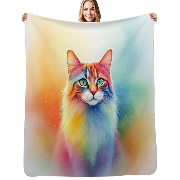 Rainbow cute cat Flannel Blankets Soft Warm Throw Blanket Autumn Camping Bedroom Aesthetic Bedspread