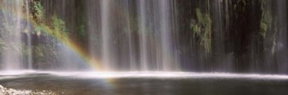 Rainbow formed in front of waterfall in a forest California USA Canvas Art - Panoramic Images (18 x 6)