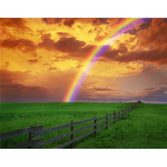 Rainbow in Country Field with Gold Clouds Poster Print - 15 x 12 in.