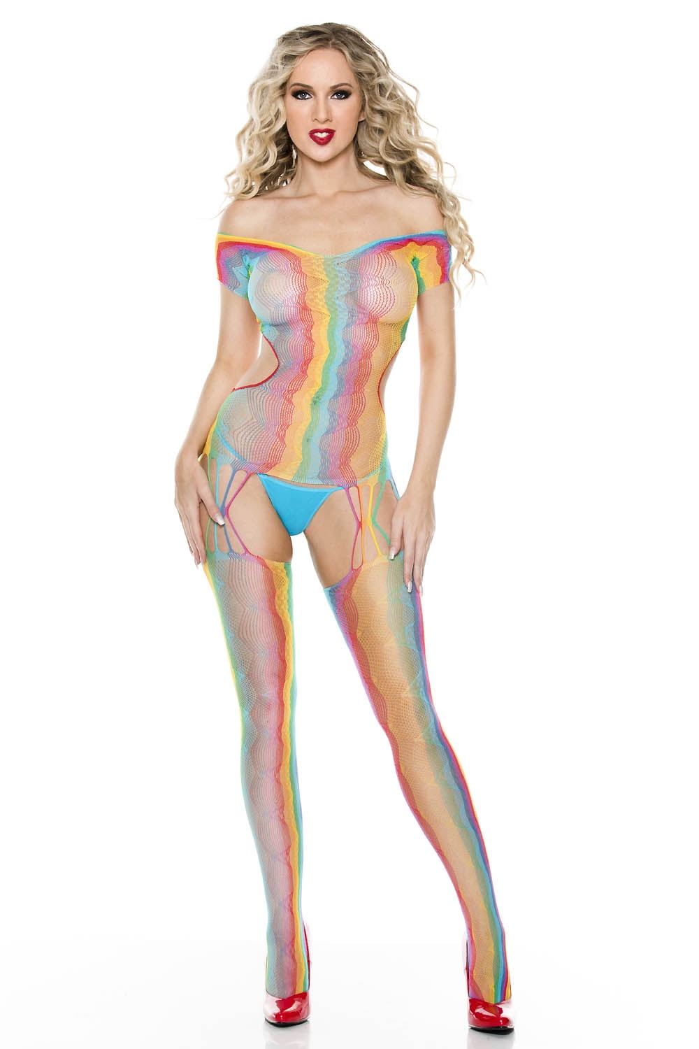 Rainbow net short sleeve bodystocking with open back and attached stockings with front and back multiple string garter straps 1587-RAINBOW