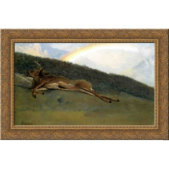 Rainbow over a Fallen Stag 24x18 Gold Ornate Wood Framed Canvas Art by Bierstadt, Albert
