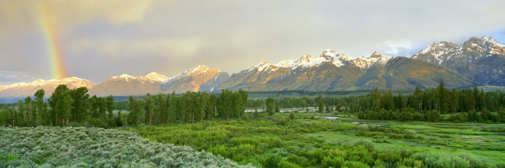 Rainbow over mountain range Blacktail Ponds Grand Teton National Park Wyoming USA Canvas Art - Panoramic Images (36 x 12)