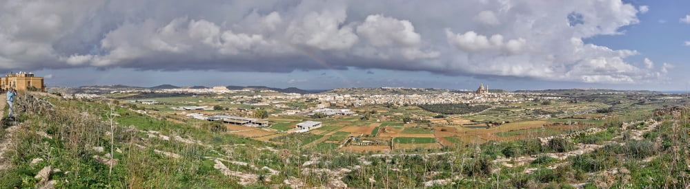 Rainbow over town Victoria Gozo Malta Canvas Art - Panoramic Images (6 x 21)