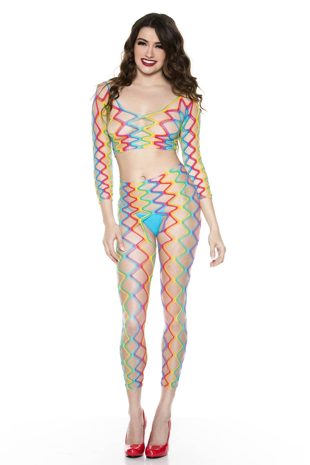 Rainbow quarter sleeve crop top with scoop neck and matching high waist crotchless footless tights 9310-RAINBOW