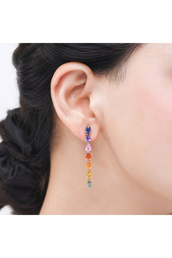 Rainbow sapphire pear tear drop long earrings pear cut sapphire rainbow earrings gold long dangling earrings gift