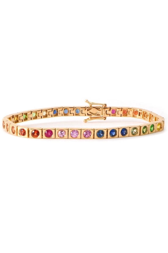 Rainbow sapphire tennis bracelet 14K gold plated , CZ rainbow gemstone bezel set tennis bracelet | multi sapphire rainbow bracelet gold