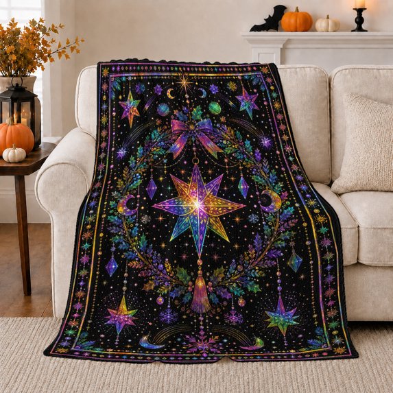 Rainbow star ornament moon jewels botanical wreath black Flannel Blanket for bedroom reading nook celestial holiday Home Decor colorful winter night art Gift for star lovers