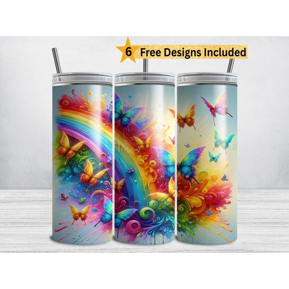Rainbow with Butterflies 20 oz Straight Skinny Tumbler with Lid and Straw, Reusable Travel Cup
