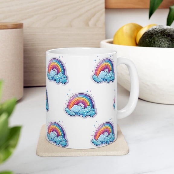 Rainbow with Clouds Coffee Mug, Cute Rainbows Tea Cup, Fun Colorful Rainbow Cup, Gift Rainbow Lovers.