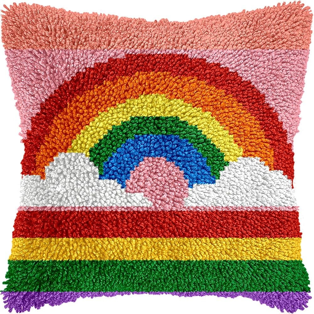 Rainbowcolors Latch Hook Pillow Cover Kits for DIY Handmade Throw Pillow Cross Stitch Latch Hooking Pillowcase Kits with Preprinted Color Pattern Canvas Crochet Yarn Kits 17''X 17''(8-10)