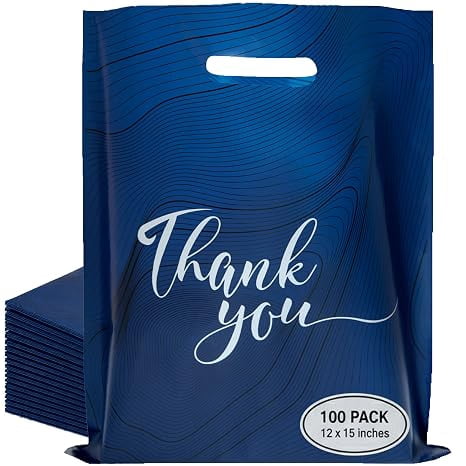 Rainbows & Lilies 100 Blue Thank You Plastic Bags with Handles, 12x15 Bulk Shopping Bags for Small Business, Retail, Merchandise, Gifts, Party Favors
