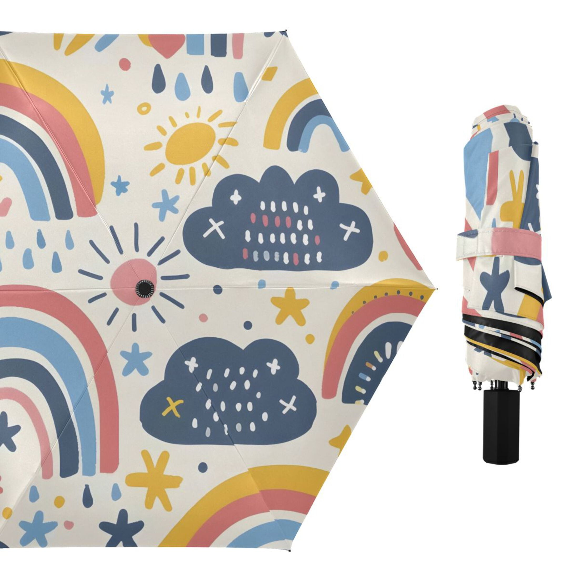 Rainbows Clouds Stars Sun Doddle All Weather Umbrella Triple Folding Parasol 6 Ribs UV Protection Portable