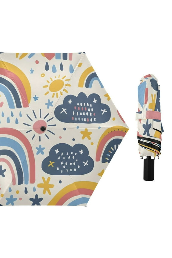 Rainbows Clouds Stars Sun Doddle All Weather Umbrella Triple Folding Parasol 6 Ribs UV Protection Portable