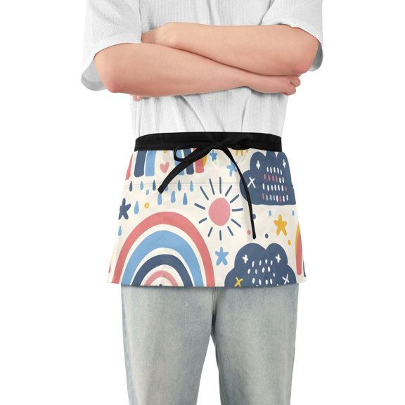 Rainbows Clouds Stars Sun Doddle Short Server Apron with 3 Pockets for Unisex Chef Gardening