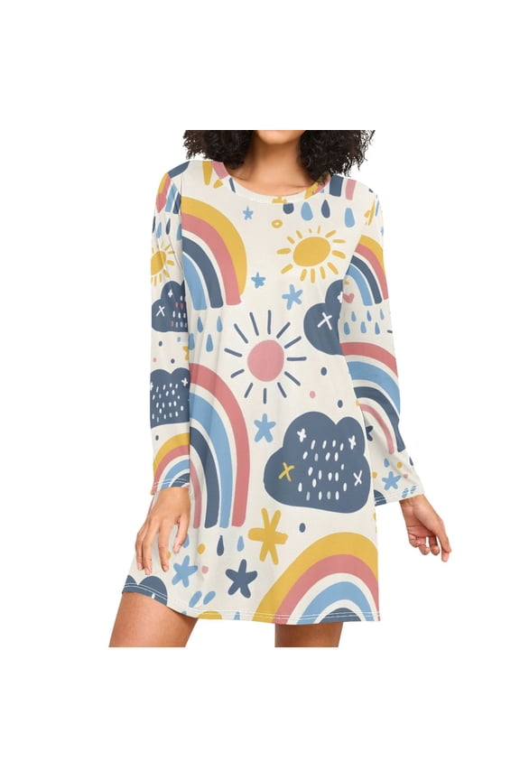Rainbows Clouds Stars Sun Doddle Women's Long Sleeves Nightgowns Sleepwear Soft Pajama A-line Sleep Dress M
