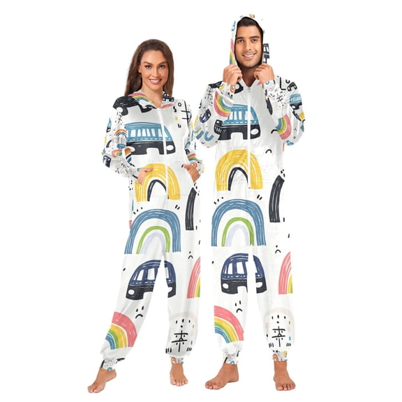 Rainbows Doodle Adult Onesie Pajamas Slim Fit Christmas One Piece Suit Pjs for Women and Men Hooded Zipper