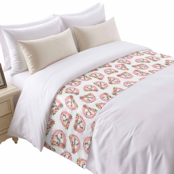 Rainbows Elephants Bed Runner for Queen Size Bed, Pink Red Flowers Love Watercolor Animal Soft Bedding Scarf Bedding Protector Slipcover Sofa Throw for Bedroom Hotel Guesthouse