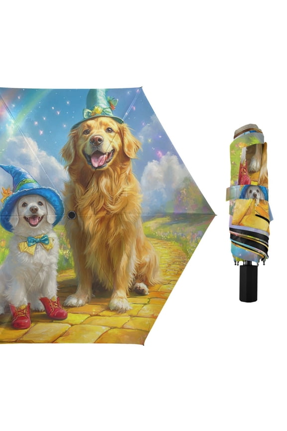 Rainbows Garden Cute Dogs with Hats All Weather Umbrella Triple Folding Parasol 6 Ribs UV Protection Portable