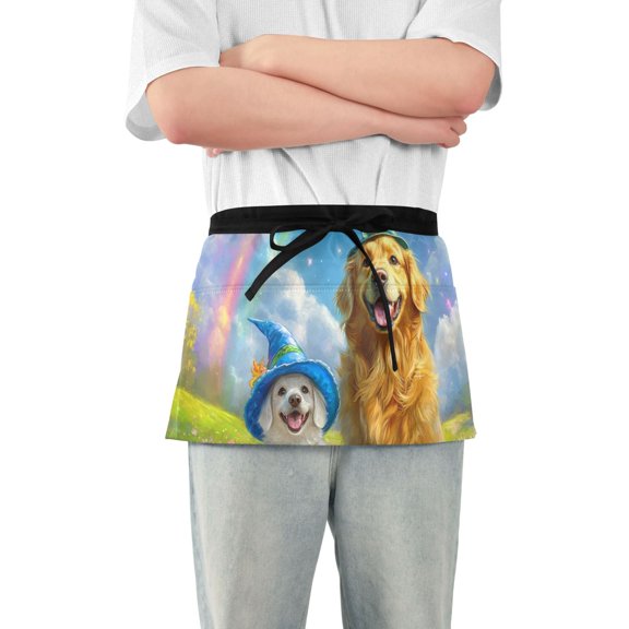 Rainbows Garden Cute Dogs with Hats Short Server Apron with 3 Pockets for Unisex Chef Gardening