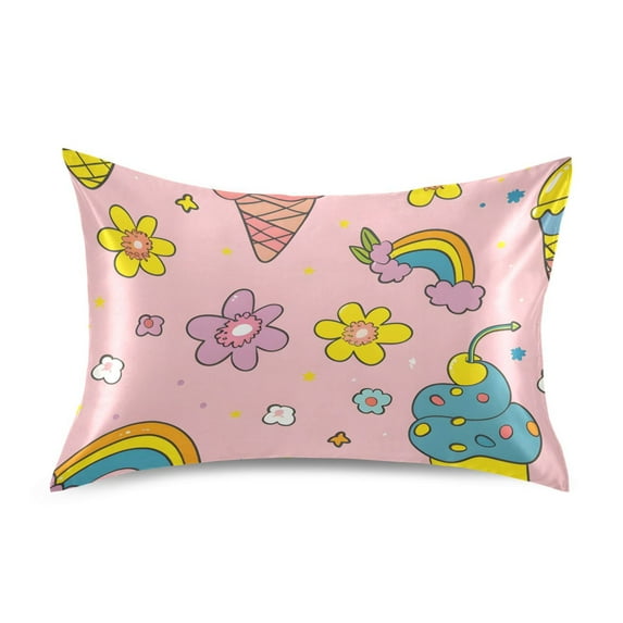 Rainbows Ice Cream Colorful Flowers Satin Pillowcase Envelope Design Pillow Covers 1 Pack King Size 20" x 40"