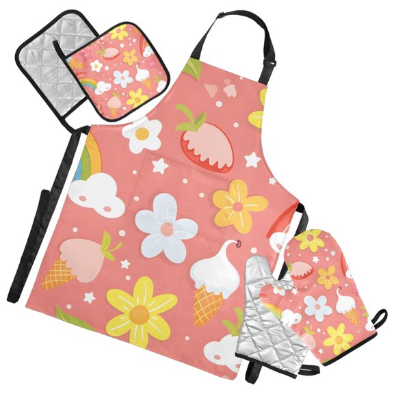 Rainbows Ice Cream Flowers Clouds Stars Apron Set with Oven Mitts Pot Holders Set of 5 Kitchen Stuff Accessories