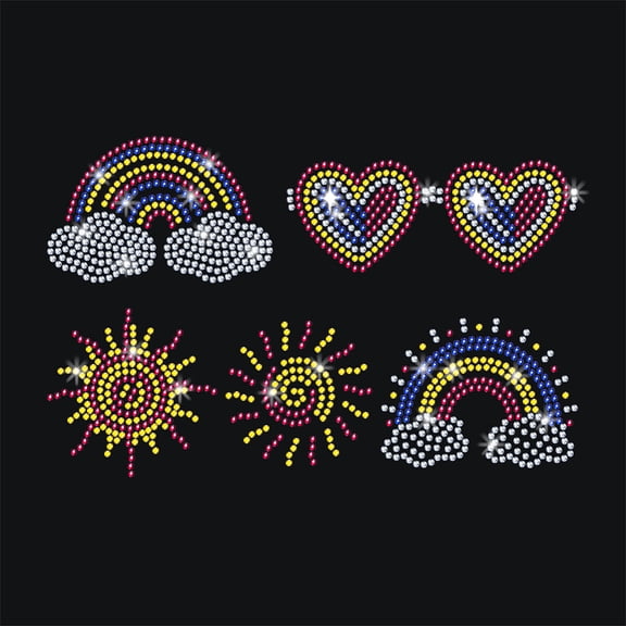 Rainbows Iron on Rhinestones Transfer 11.7x8.3 Inch Colorful Sun Heart Heat Transfer Decal Bling Decals Heat Transfer Patch Clothing Repair Applique