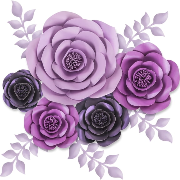 Rainbows & Lilies 10pc Large 3D Purple Paper Flowers for Indoor Wall Decor - Lavender Roses Wedding Backdrop, Bridal & Baby Shower Party Decorations