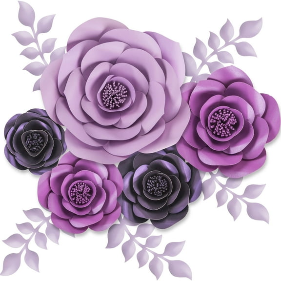 Rainbows & Lilies 10pc Large 3D Purple Paper Flowers for Indoor Wall Decor - Lavender Roses Wedding Backdrop, Bridal & Baby Shower Party Decorations