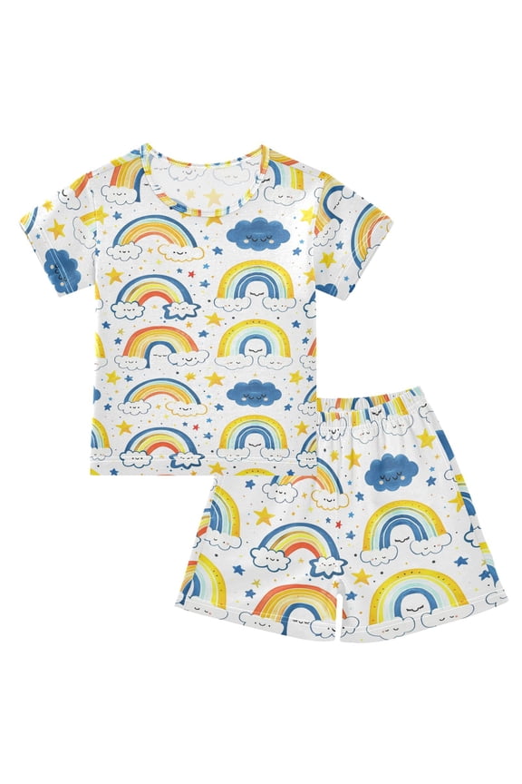 Rainbows Pattern Summer Pajama Set Soft Cotton Short Sleeve Sleepwear 2PCS Pajama Sets Breathable Lounge Set Size 5Y