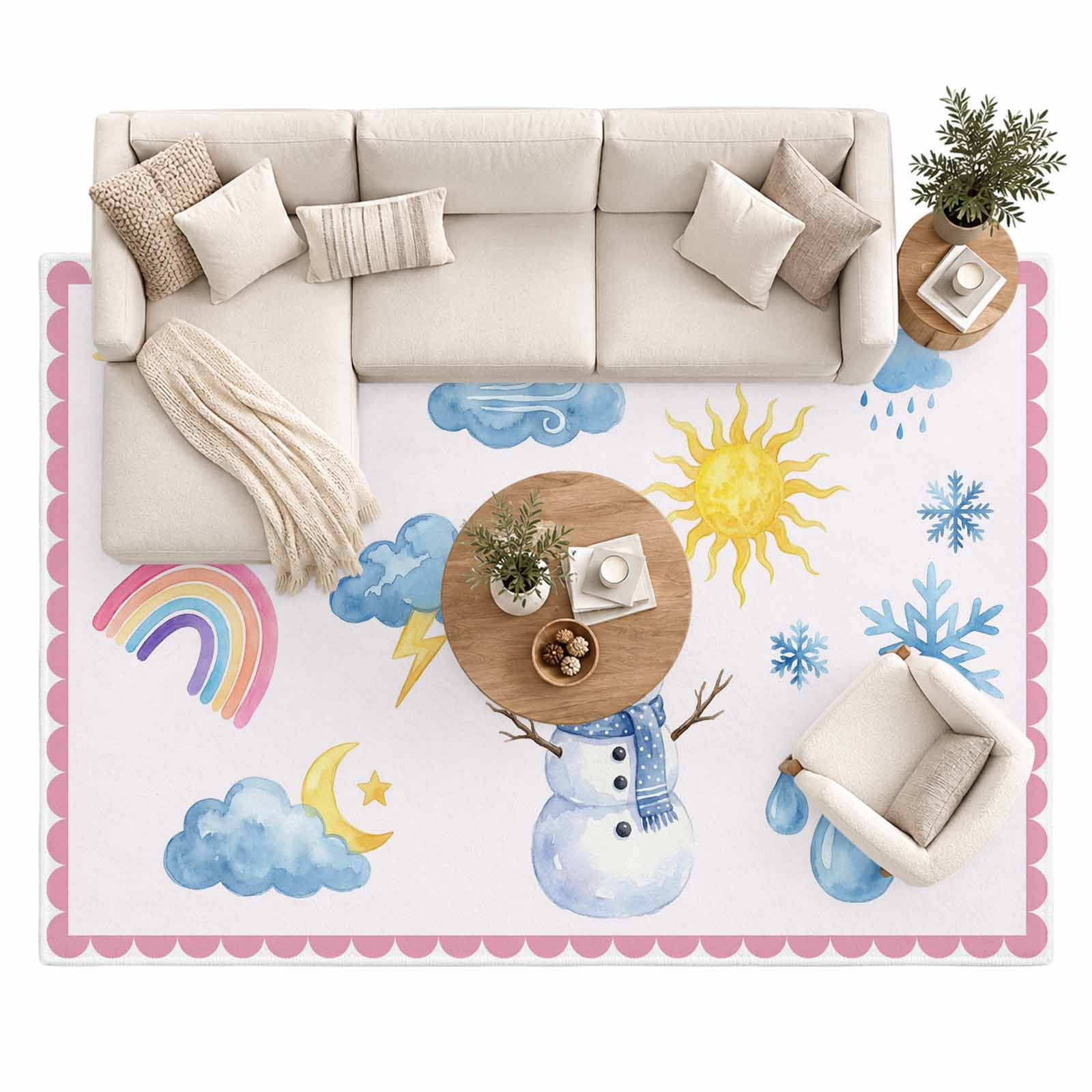 Rainbows Snowflakes Area Rug 8'x10', Snowman Sun Moon Cloud Pink Border ...